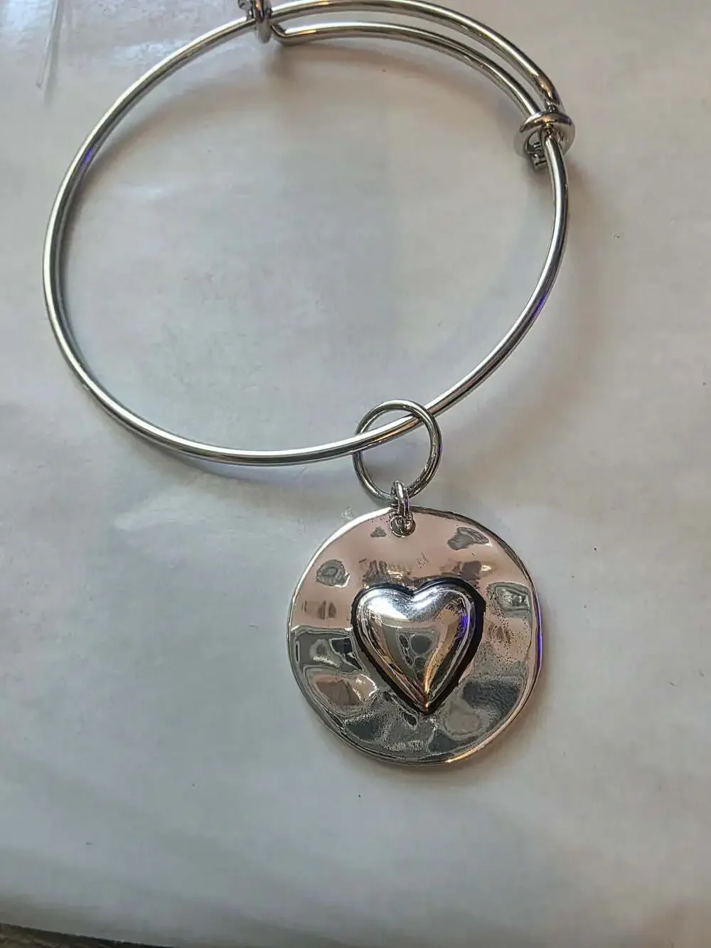 Adjustable Silver-Tone Bangle Bracelet with Hammered Heart Charm